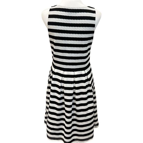 ELLE Eyelet Fit & Flare Mini Dress Striped Sleeveless Stretchy Black White 10 - Picture 8 of 14